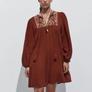 NWT Zara Brown Terracotta Embroidered Long Sleeves Mini Dress M 5770/044